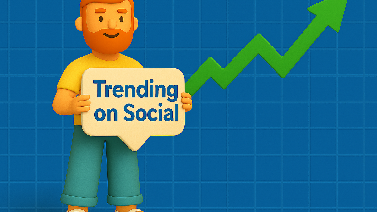 Clay-style 3D illustration of a smiling character holding a speech bubble that says "Trending on Social," with a green upward-trending arrow on a blue grid background, symbolizing rising social media engagement trends.