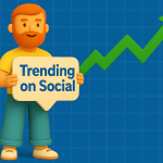 Clay-style 3D illustration of a smiling character holding a speech bubble that says "Trending on Social," with a green upward-trending arrow on a blue grid background, symbolizing rising social media engagement trends.