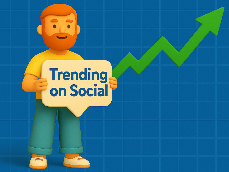 Clay-style 3D illustration of a smiling character holding a speech bubble that says "Trending on Social," with a green upward-trending arrow on a blue grid background, symbolizing rising social media engagement trends.