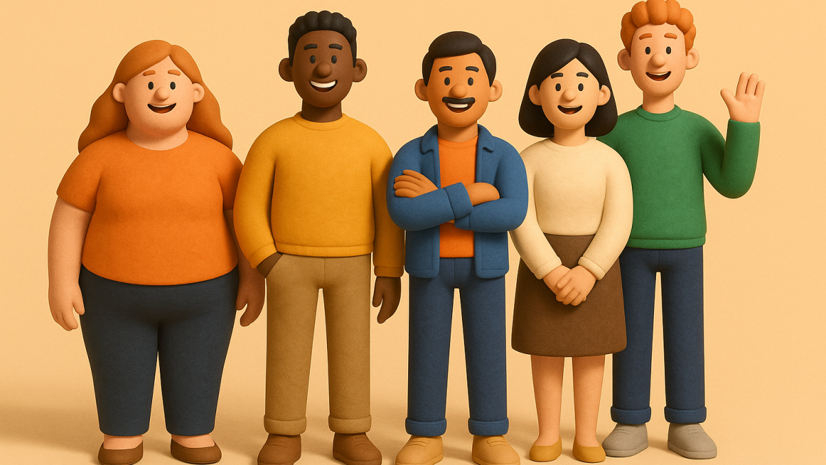 Group of 2D claymation diverse people standing next to one another