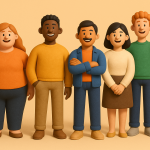 Group of 2D claymation diverse people standing next to one another