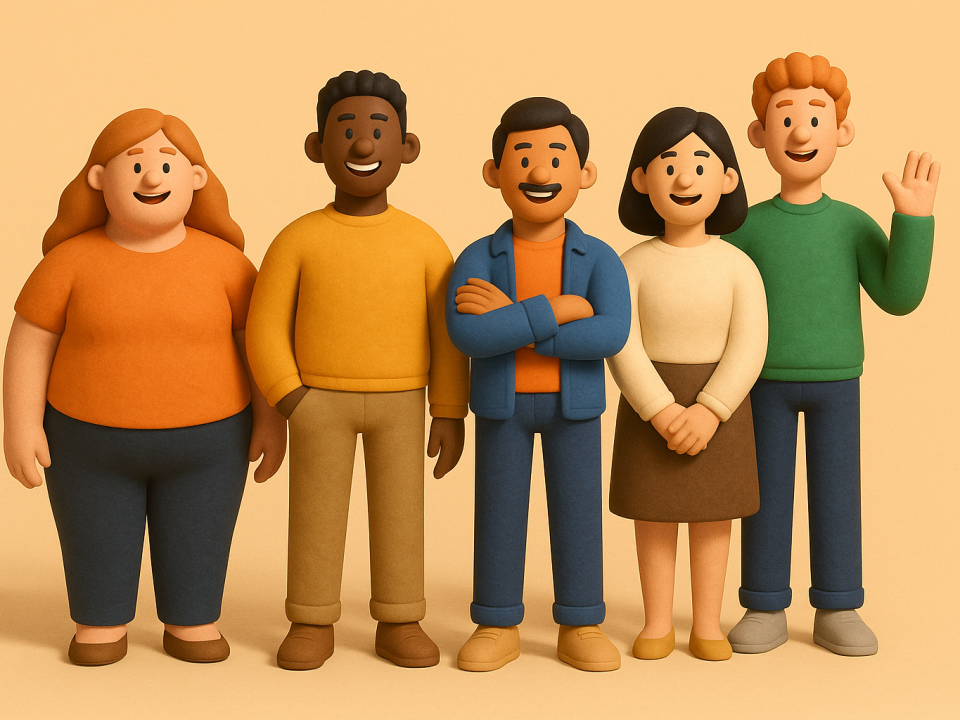 Group of 2D claymation diverse people standing next to one another