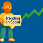 Clay-style 2D illustration of a smiling character holding a speech bubble that says "Trending on Social," with a green upward-trending arrow on a blue grid background, symbolizing rising social media engagement trends.