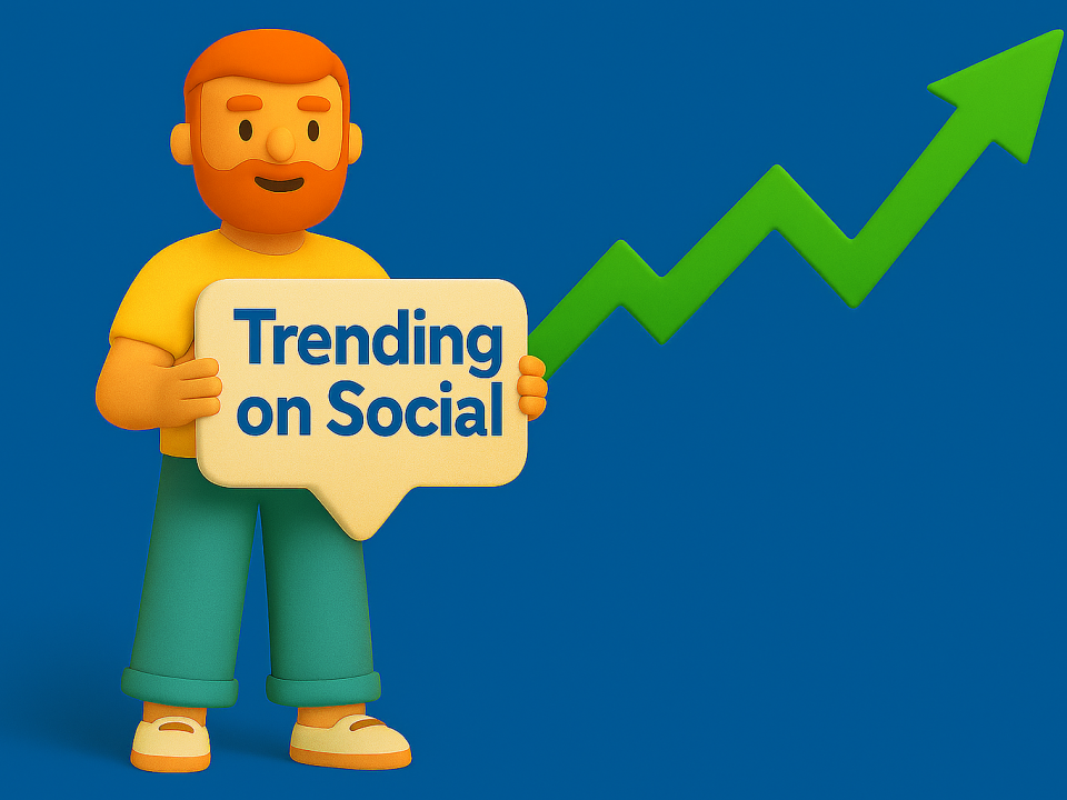 Clay-style 2D illustration of a smiling character holding a speech bubble that says "Trending on Social," with a green upward-trending arrow on a blue grid background, symbolizing rising social media engagement trends.