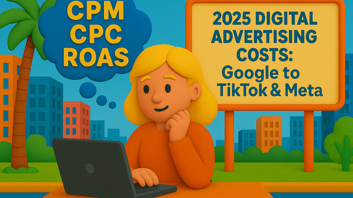 Claymation-style illustration of a blonde woman at a laptop with a thoughtful expression, a thought bubble containing CPM, CPC, and ROAS, and a South Florida cityscape background with a billboard that reads “2025 Digital Advertising Costs: Google to TikTok & Meta.”