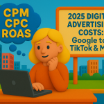 Claymation-style illustration of a blonde woman at a laptop with a thoughtful expression, a thought bubble containing CPM, CPC, and ROAS, and a South Florida cityscape background with a billboard that reads “2025 Digital Advertising Costs: Google to TikTok & Meta.”