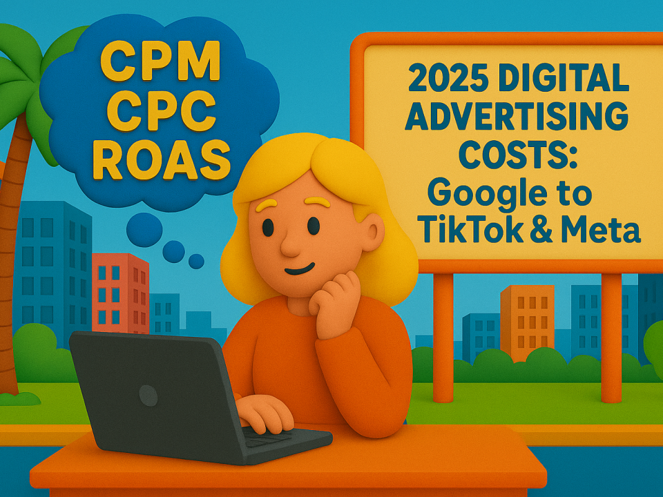 Claymation-style illustration of a blonde woman at a laptop with a thoughtful expression, a thought bubble containing CPM, CPC, and ROAS, and a South Florida cityscape background with a billboard that reads “2025 Digital Advertising Costs: Google to TikTok & Meta.”