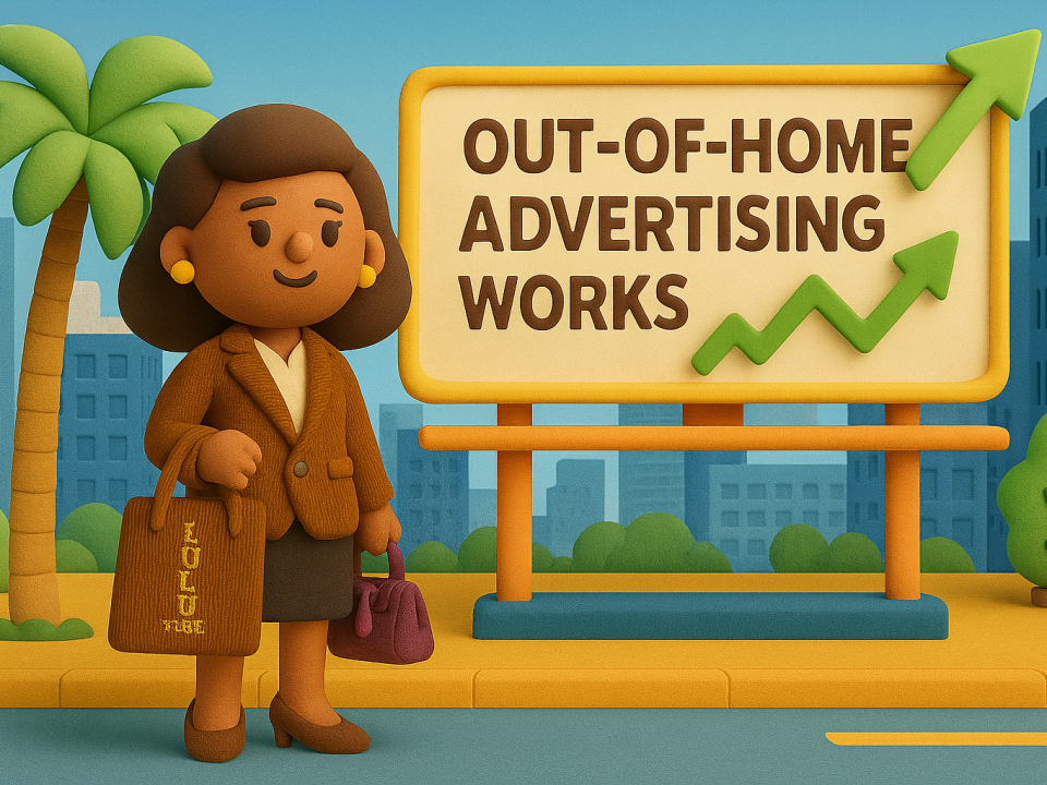 2D claymation character promoting out-of-home advertising strategy for businesses in Palm Beach, Broward, and Miami-Dade counties