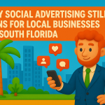 2D claymation character promoting social media advertising for businesses in Palm Beach, Broward, and Miami-Dade counties