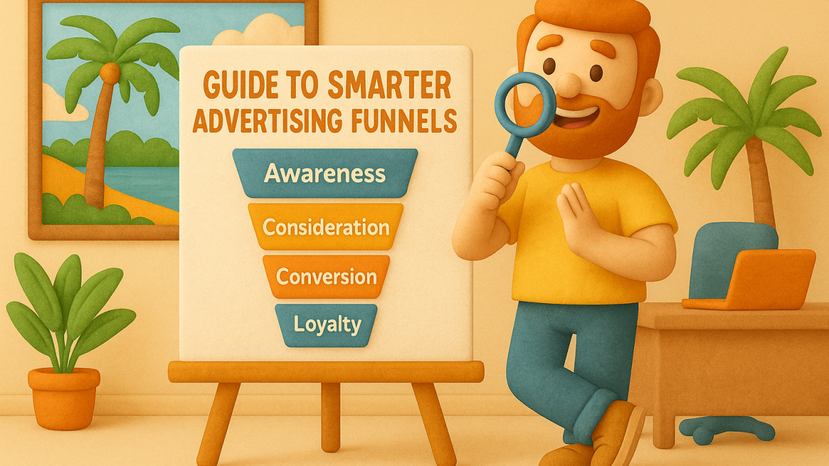 Claymation-style illustration of a man presenting an advertising funnel chart in a South Florida-inspired office setting
