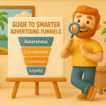 Claymation-style illustration of a man presenting an advertising funnel chart in a South Florida-inspired office setting