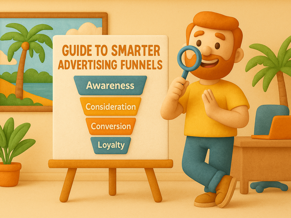 Claymation-style illustration of a man presenting an advertising funnel chart in a South Florida-inspired office setting