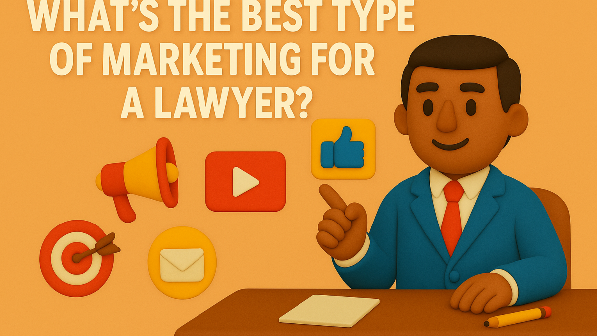Claymation-style illustration of a Latino male lawyer in a blue suit sitting at a desk with law books, a pencil, and a notepad, surrounded by advertising icons like a megaphone, email, and thumbs-up symbol. The headline “What Is the Best Form of Advertising for a Lawyer?” is displayed prominently on an orange background.