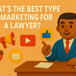 Claymation-style illustration of a Latino male lawyer in a blue suit sitting at a desk with law books, a pencil, and a notepad, surrounded by advertising icons like a megaphone, email, and thumbs-up symbol. The headline “What Is the Best Form of Advertising for a Lawyer?” is displayed prominently on an orange background.