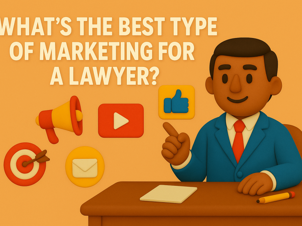 Claymation-style illustration of a Latino male lawyer in a blue suit sitting at a desk with law books, a pencil, and a notepad, surrounded by advertising icons like a megaphone, email, and thumbs-up symbol. The headline “What Is the Best Form of Advertising for a Lawyer?” is displayed prominently on an orange background.