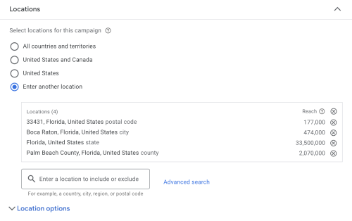 Screenshot of Google Ads Manager showing multiple geo-targeting options selected, including state, county, city, and postal code in Florida.