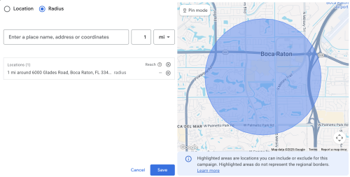 Screenshot of Google Ads campaign setup with a 1-mile radius targeting around Glades Road in Boca Raton, Florida.