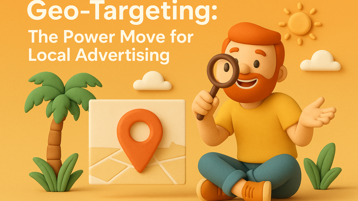 Claymation-style South Florida scene with palm trees, sunshine, and bold text highlighting geo-targeting for local advertising.