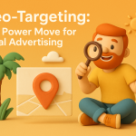Claymation-style South Florida scene with palm trees, sunshine, and bold text highlighting geo-targeting for local advertising.
