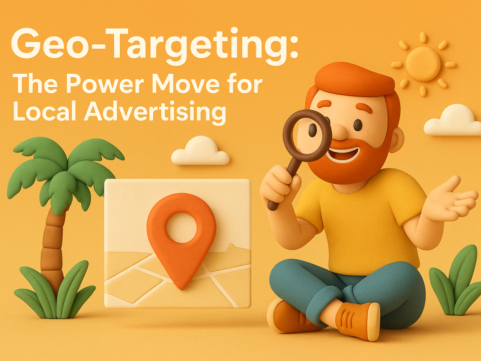 Claymation-style South Florida scene with palm trees, sunshine, and bold text highlighting geo-targeting for local advertising.