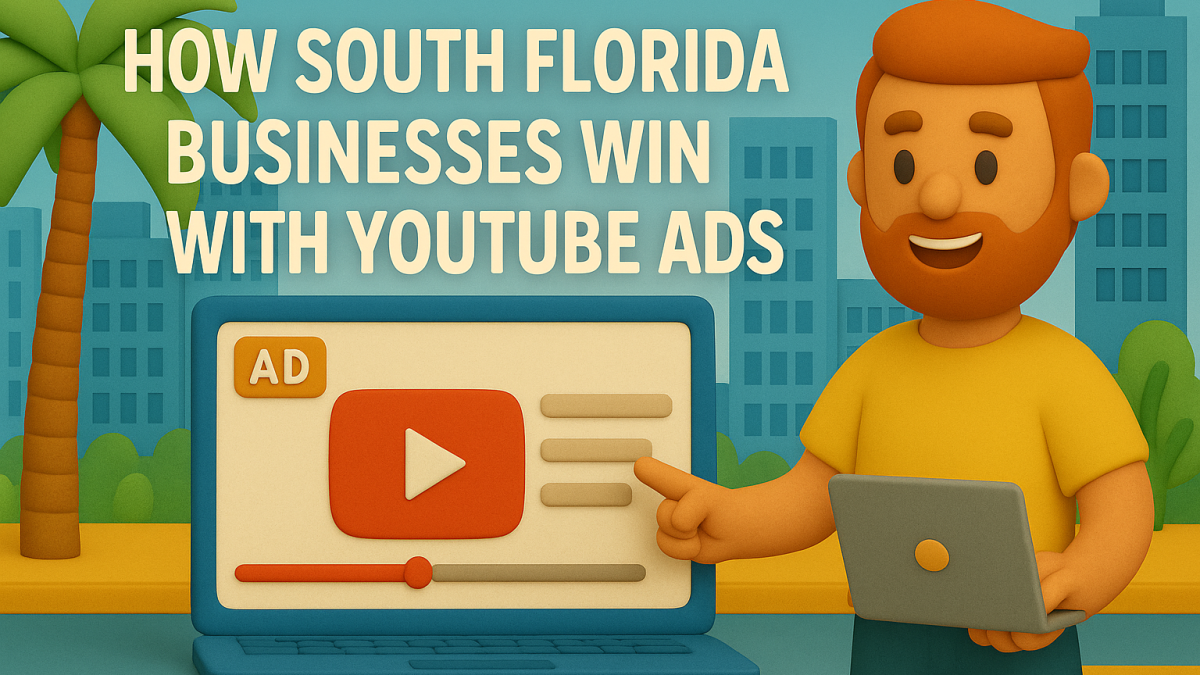 Claymation-style illustration of a marketer in South Florida presenting YouTube ad success metrics for local businesses."