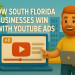 Claymation-style illustration of a marketer in South Florida presenting YouTube ad success metrics for local businesses."