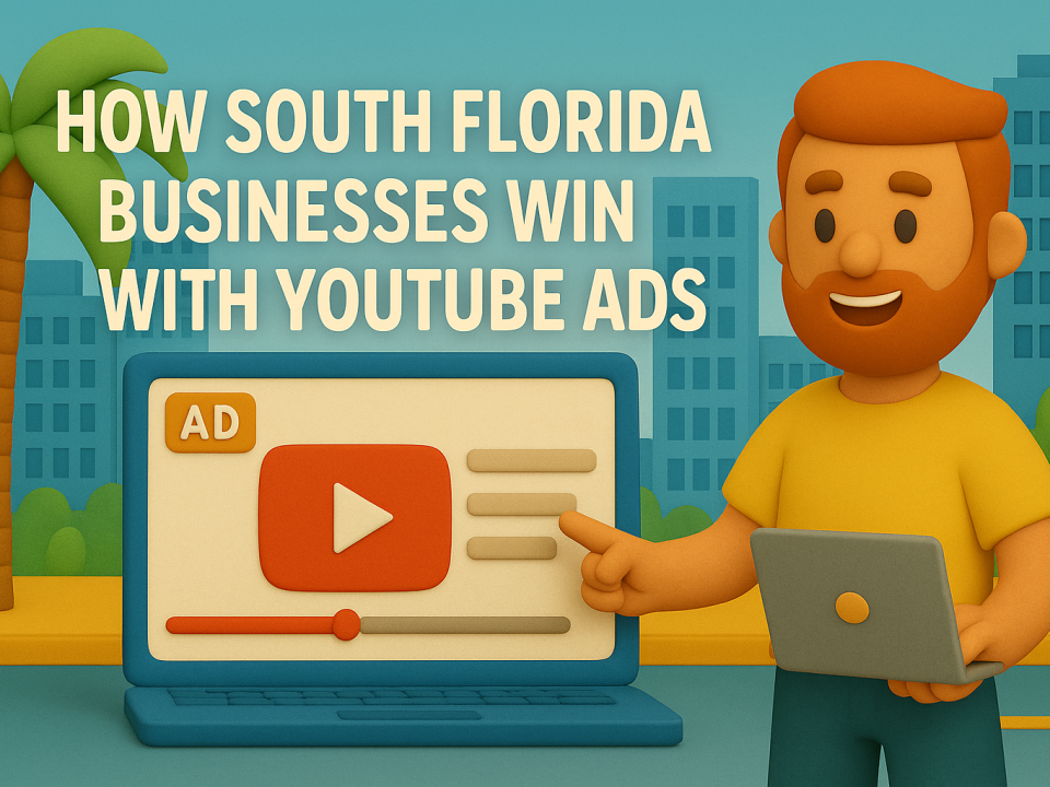 Claymation-style illustration of a marketer in South Florida presenting YouTube ad success metrics for local businesses."