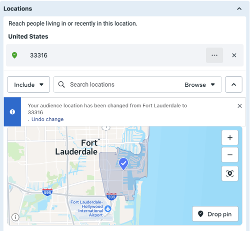 Screenshot of Meta Ads Manager showing geo-targeting narrowed to Fort Lauderdale zip code 33316. J. Oliver Advertising