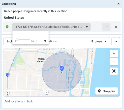 Screenshot of Meta Ads Manager showing geo-targeting set to a specific Fort Lauderdale address with a 1-mile radius selected. J. Oliver Advertising