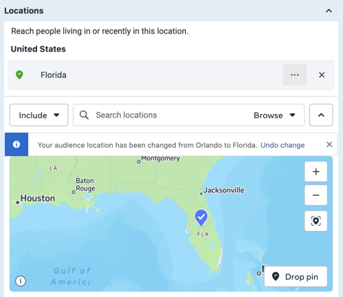 Screenshot of Meta Ads Manager showing geo-targeting set to the entire state of Florida. J. Oliver Advertising