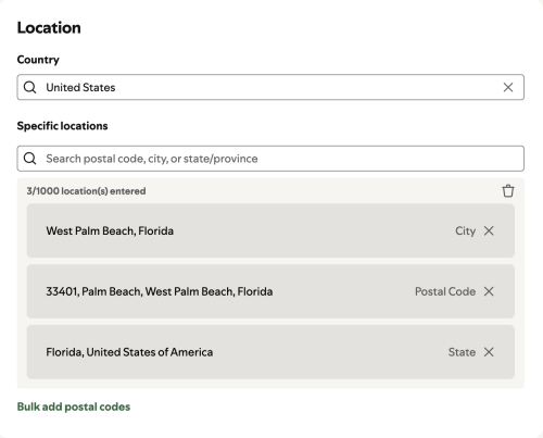 Spotify Ads geo-targeting settings showing campaign location options for Florida, West Palm Beach, and ZIP code 33401 in the United States.