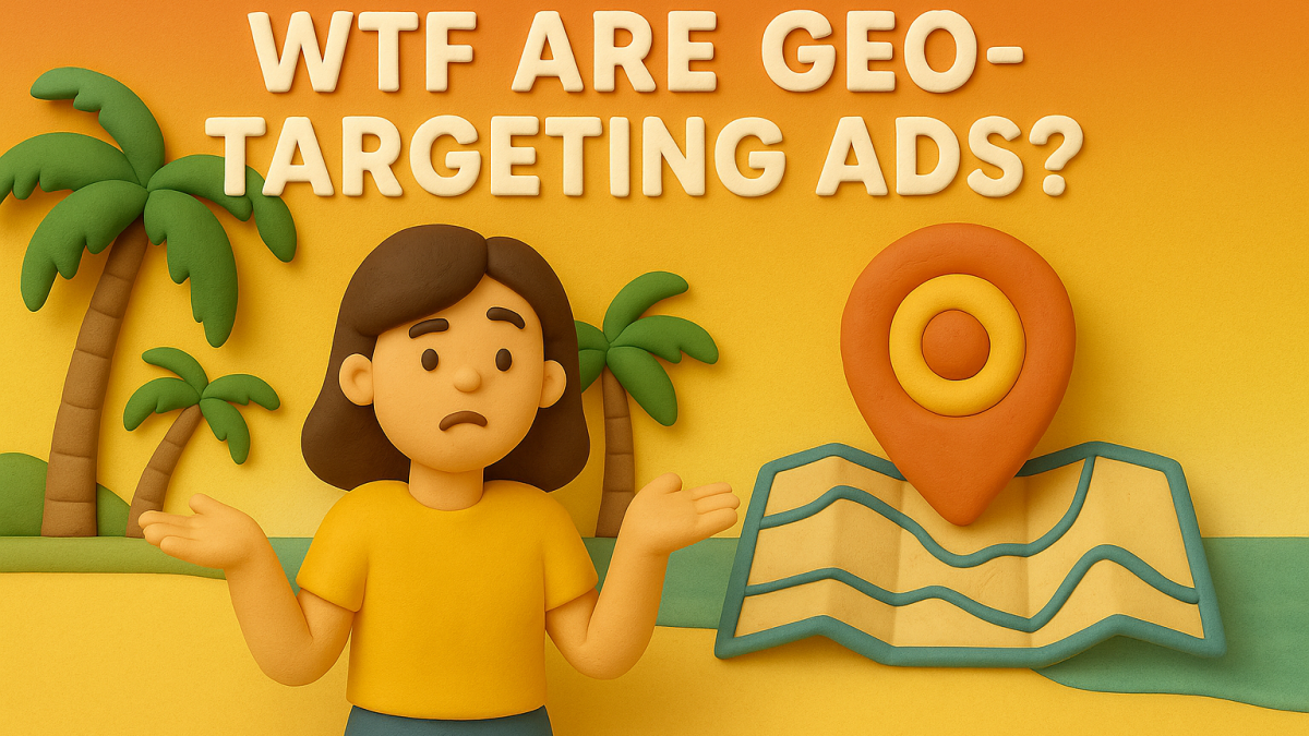 2D claymation illustration of an Asian female character shrugging in a Florida-inspired scene with geo-targeting icons, created as a blog header for “WTF Are Geo-Targeting Ads?”.