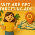 2D claymation illustration of an Asian female character shrugging in a Florida-inspired scene with geo-targeting icons, created as a blog header for “WTF Are Geo-Targeting Ads?”.