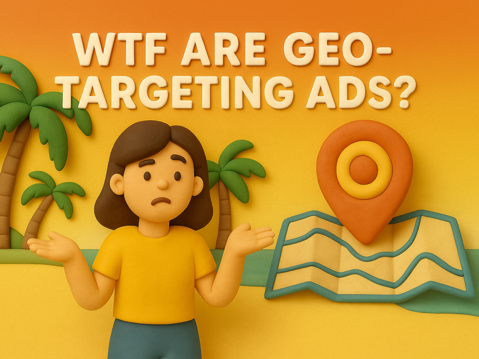 2D claymation illustration of an Asian female character shrugging in a Florida-inspired scene with geo-targeting icons, created as a blog header for “WTF Are Geo-Targeting Ads?”.