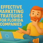 2D claymation illustration of a male marketer in a Florida-inspired office, thinking strategically about advertising strategies, styled in Sky Blue brand color.