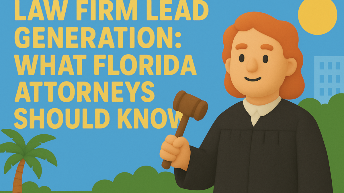 Claymation-style illustration of a judge holding a gavel with palm trees and Florida backdrop, next to bold text 'Law Firm Lead Generation: What Florida Attorneys Should Know' in landscape format.