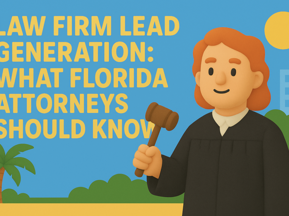 Claymation-style illustration of a judge holding a gavel with palm trees and Florida backdrop, next to bold text 'Law Firm Lead Generation: What Florida Attorneys Should Know' in landscape format.