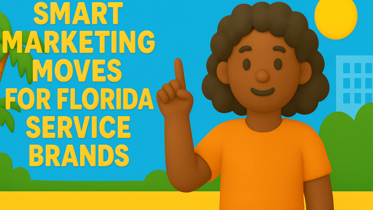 Claymation-style illustration of a smiling woman in an orange shirt pointing upward beside the title 'Smart Marketing Moves for Florida Service Brands,' with palm trees, sunshine, and a Florida cityscape in the background.