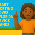 Claymation-style illustration of a smiling woman in an orange shirt pointing upward beside the title 'Smart Marketing Moves for Florida Service Brands,' with palm trees, sunshine, and a Florida cityscape in the background.