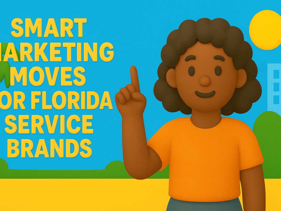 Claymation-style illustration of a smiling woman in an orange shirt pointing upward beside the title 'Smart Marketing Moves for Florida Service Brands,' with palm trees, sunshine, and a Florida cityscape in the background.