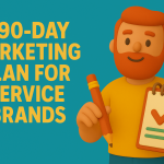 Claymation-style illustration of a redheaded marketing character holding a pencil and a checklist notebook beside the title ‘A 90-Day Marketing Plan for Service Brands,’ using teal and golden-yellow brand colors.