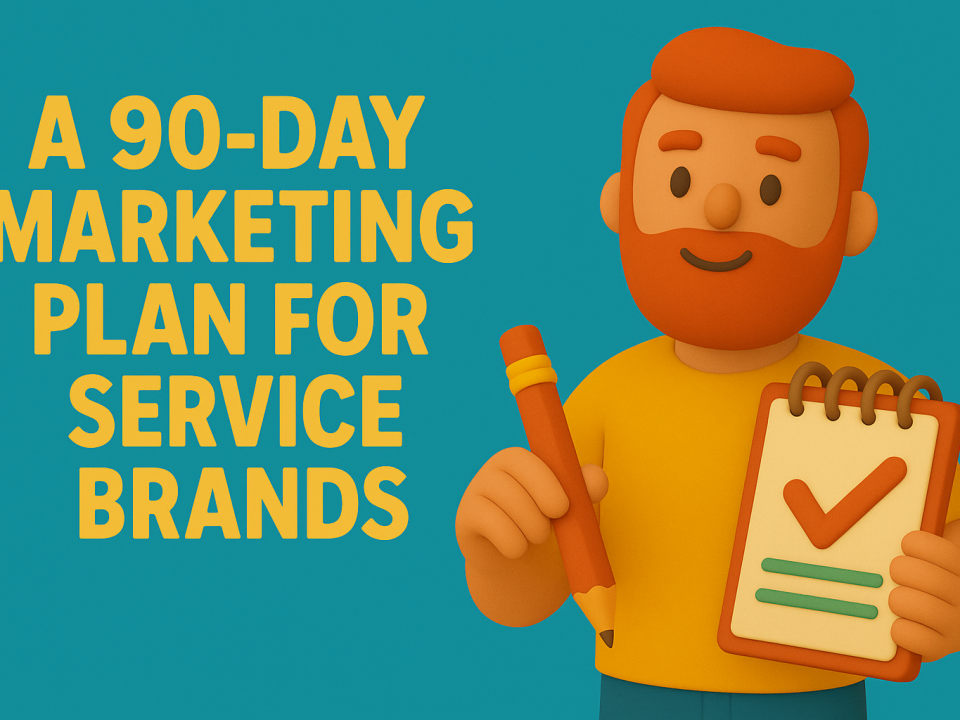 Claymation-style illustration of a redheaded marketing character holding a pencil and a checklist notebook beside the title ‘A 90-Day Marketing Plan for Service Brands,’ using teal and golden-yellow brand colors.
