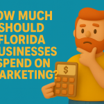 Claymation-style illustration of a redheaded man holding a calculator and thinking, next to the title ‘How Much Should Florida Businesses Spend on Marketing?’ in bold yellow text on a teal background