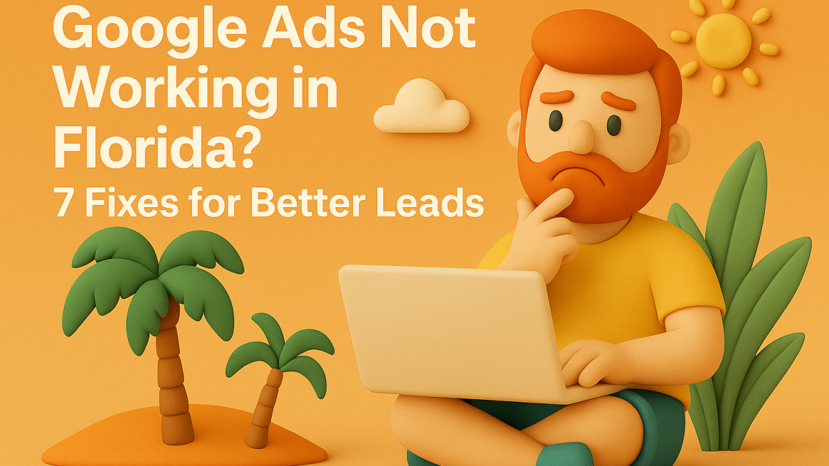 Claymation-style illustration of a redheaded marketing character gesturing in a South Florida beach setting beside the title ‘How to Choose the Right Marketing Agency in Florida (2026 Guide)’.