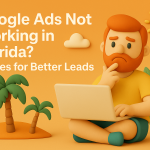 Claymation-style illustration of a redheaded marketing character gesturing in a South Florida beach setting beside the title ‘How to Choose the Right Marketing Agency in Florida (2026 Guide)’.