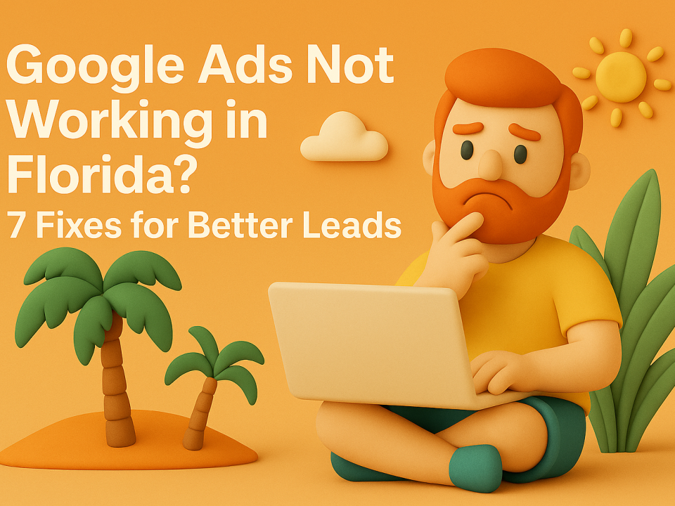 Claymation-style illustration of a redheaded marketing character gesturing in a South Florida beach setting beside the title ‘How to Choose the Right Marketing Agency in Florida (2026 Guide)’.