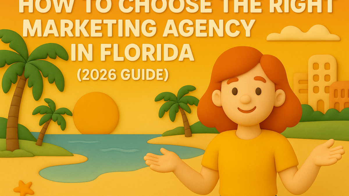 Claymation-style illustration of a redheaded marketing character gesturing in a South Florida beach setting beside the title ‘How to Choose the Right Marketing Agency in Florida (2026 Guide)’.