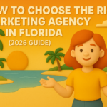 Claymation-style illustration of a redheaded marketing character gesturing in a South Florida beach setting beside the title ‘How to Choose the Right Marketing Agency in Florida (2026 Guide)’.