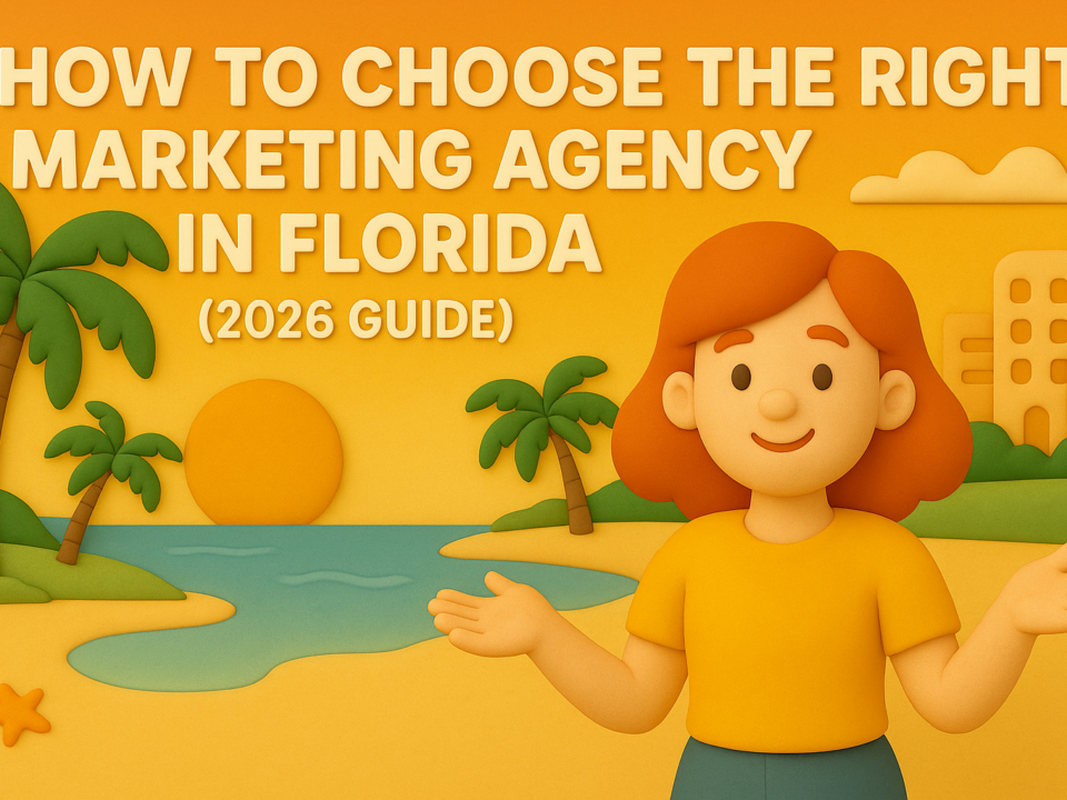 Claymation-style illustration of a redheaded marketing character gesturing in a South Florida beach setting beside the title ‘How to Choose the Right Marketing Agency in Florida (2026 Guide)’.