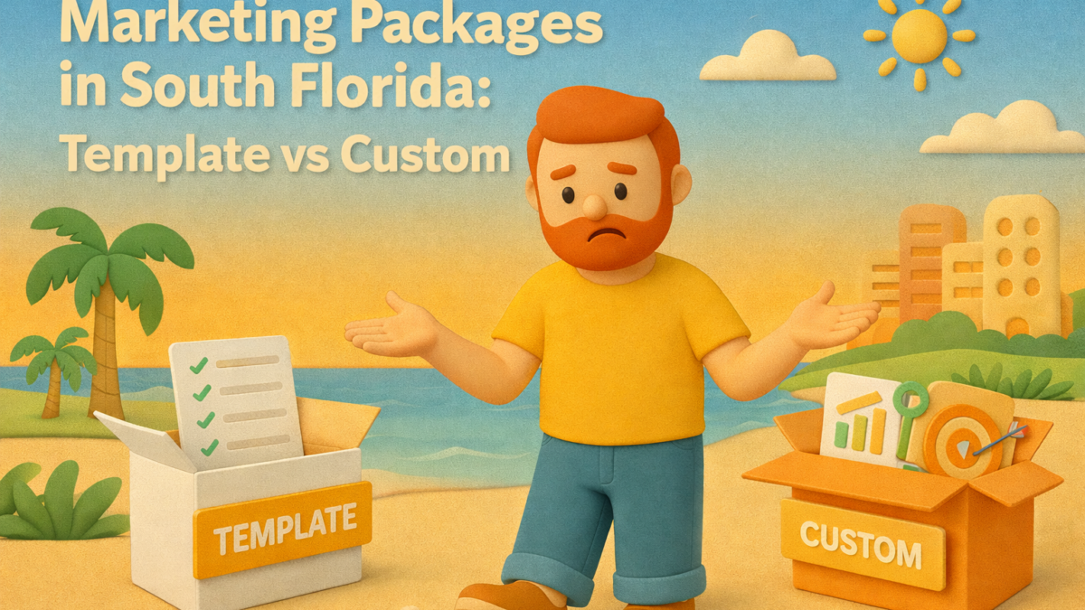 Claymation-style illustration of a redheaded marketer choosing between a template marketing package and a custom marketing strategy in a South Florida beach setting.